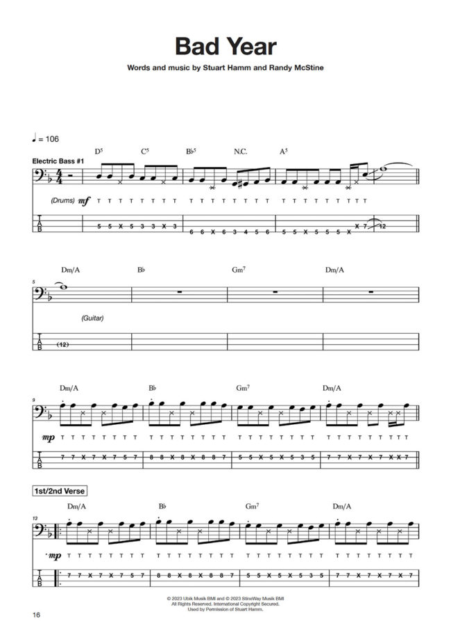 Sample page from Stuart Hamm – Hold Fast Bass Transcriptions